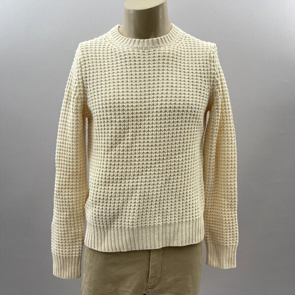 Crewneck Sweater Size M Cashmere Wool Cream White Knit Chunky Macro Waffle - Picture 2 of 10